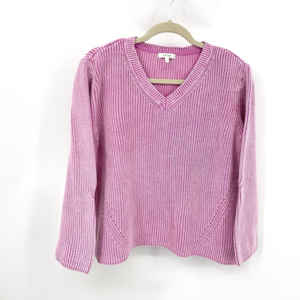 Tyler Boe Women Size XL Sweater Pink Cotton Ribbed Knit Pullover Top V Neck